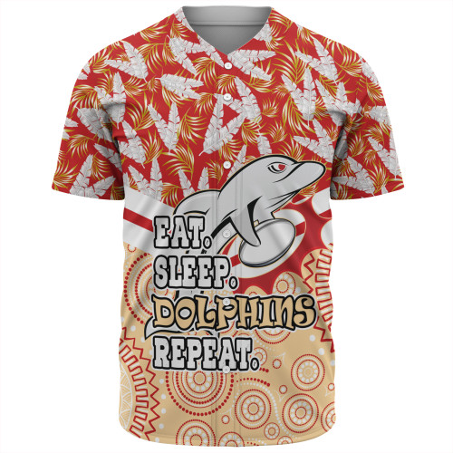 Redcliffe Dolphins Baseball Shirt - Tropical Patterns And Dot Painting Eat Sleep Rugby Repeat