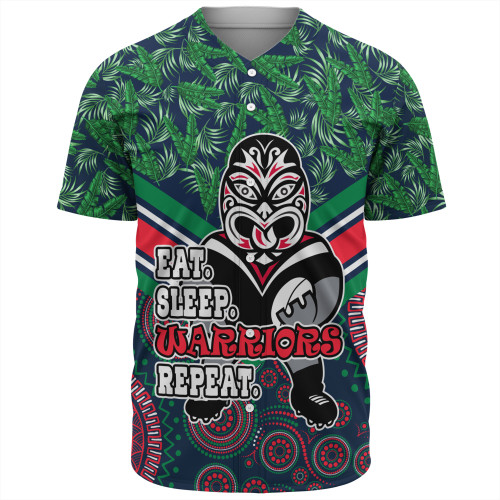 New Zealand Warriors Sport Baseball Shirt - Tropical Patterns And Dot Painting Eat Sleep Rugby Repeat