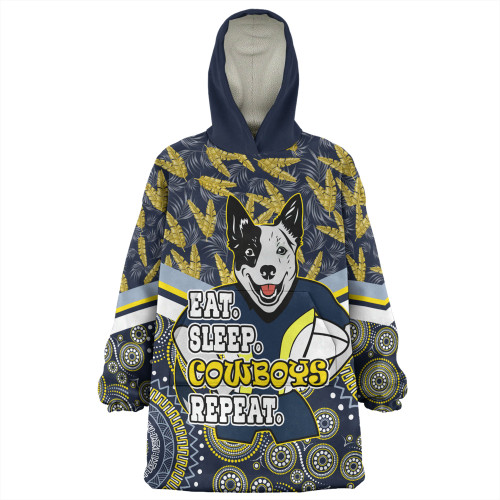 North Queensland Cowboys Snug Hoodie - Tropical Patterns And Dot Painting Eat Sleep Rugby Repeat