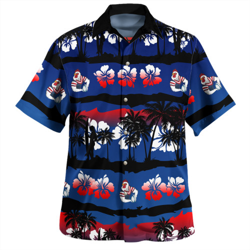 Sydney Roosters Hawaiian Shirt - Tropical Hibiscus and Coconut Trees