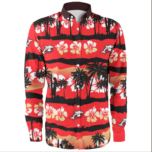 Redcliffe Dolphins Long Sleeve Shirt - Tropical Hibiscus and Coconut Trees