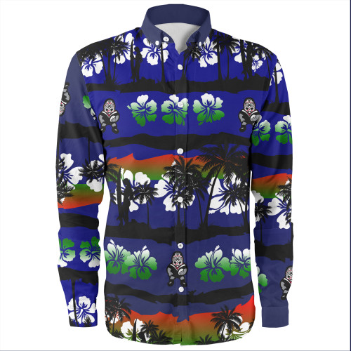 New Zealand Warriors Sport Long Sleeve Shirt - Tropical Hibiscus and Coconut Trees