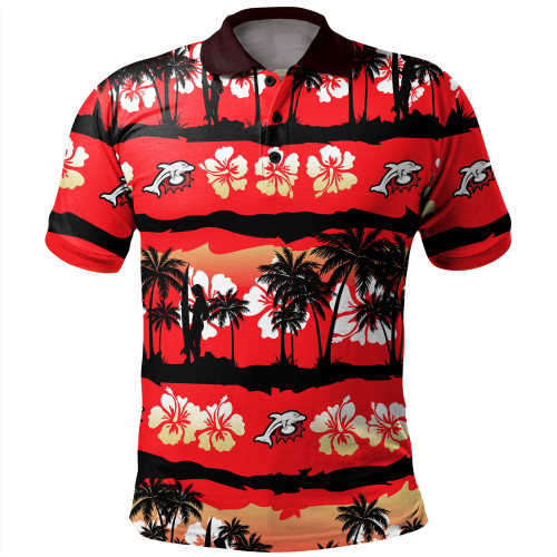 Redcliffe Dolphins Polo Shirt - Tropical Hibiscus and Coconut Trees