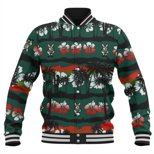 South Sydney Rabbitohs Baseball Jacket - Tropical Hibiscus and Coconut Trees