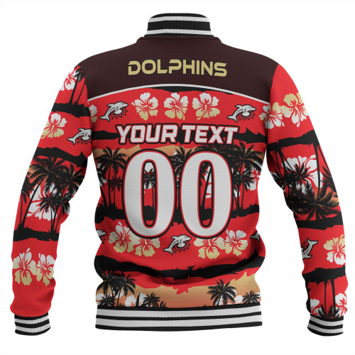Redcliffe Dolphins Baseball Jacket - Tropical Hibiscus and Coconut Trees Redcliffe Dolphins Baseball Jacket - Tropical Hibiscus and Coconut Trees