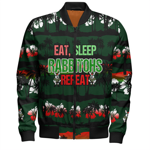South Sydney Rabbitohs Bomber Jacket - Eat Sleep Repeat With Tropical Patterns