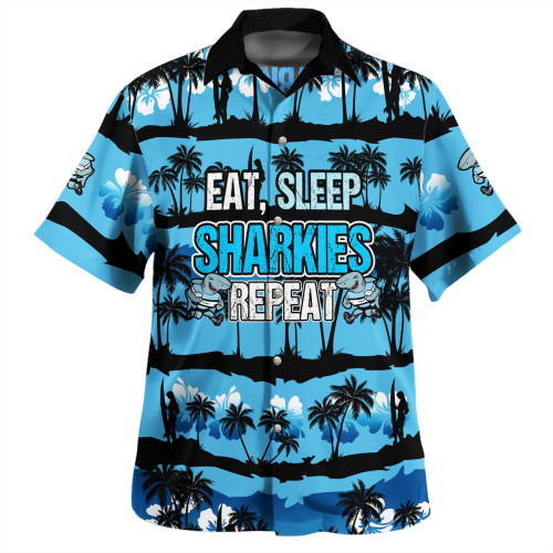 Cronulla-Sutherland Sharks Hawaiian Shirt - Eat Sleep Repeat With Tropical Patterns