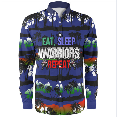 New Zealand Warriors Sport Long Sleeve Shirt - Eat Sleep Repeat With Tropical Patterns