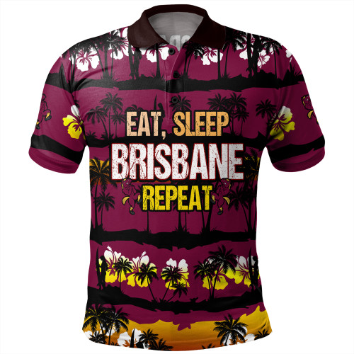 Brisbane Broncos Polo Shirt - Eat Sleep Repeat With Tropical Patterns