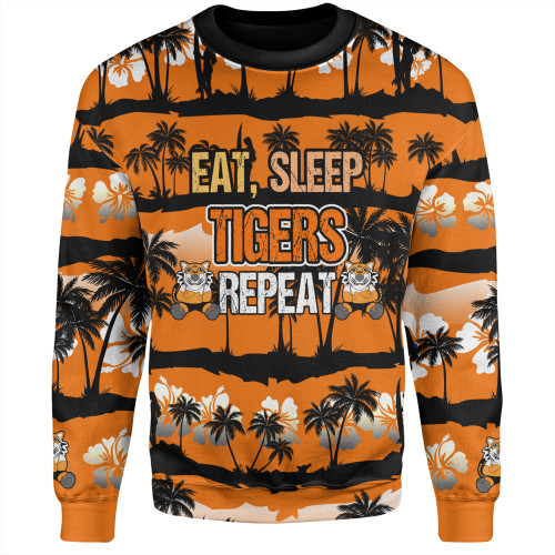 Wests Tigers Sweatshirt - Eat Sleep Repeat With Tropical Patterns