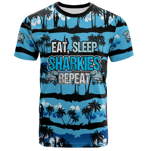 Cronulla-Sutherland Sharks T-Shirt - Eat Sleep Repeat With Tropical Patterns