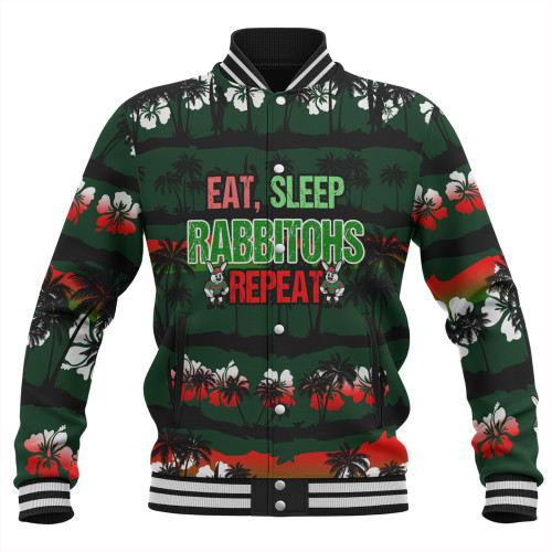 South Sydney Rabbitohs Baseball Jacket - Eat Sleep Repeat With Tropical Patterns