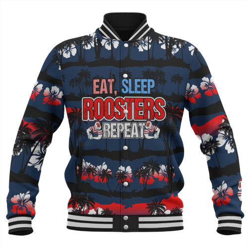 Sydney Roosters Baseball Jacket - Eat Sleep Repeat With Tropical Patterns