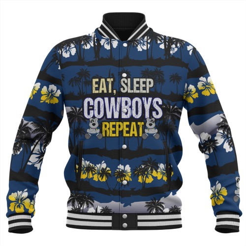 North Queensland Cowboys Baseball Jacket - Eat Sleep Repeat With Tropical Patterns