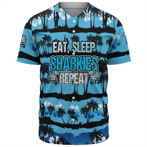 Cronulla-Sutherland Sharks Baseball Shirt - Eat Sleep Repeat With Tropical Patterns