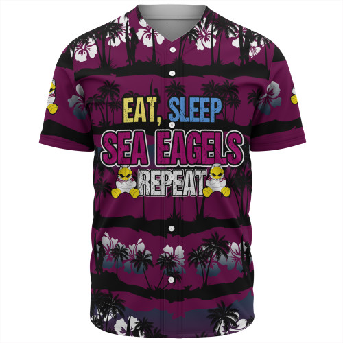 Manly Warringah Sea Eagles Baseball Shirt - Eat Sleep Repeat With Tropical Patterns