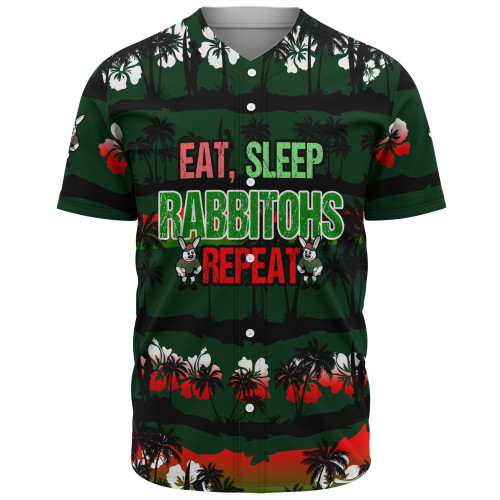 South Sydney Rabbitohs Baseball Shirt - Eat Sleep Repeat With Tropical Patterns