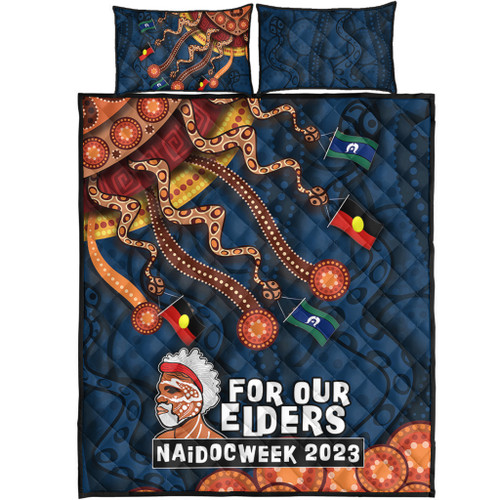 Australia Quilt Bed Set For Our Elders Naidoc Week Snake Aboriginal Painting With Flag (Blue)