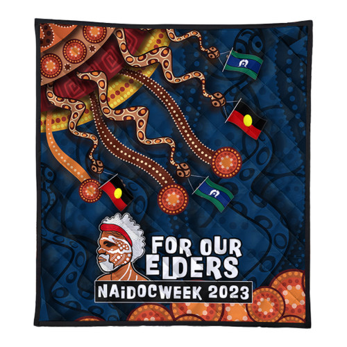 Australia Premium Quilt For Our Elders Naidoc Week Snake Aboriginal Painting With Flag (Blue)