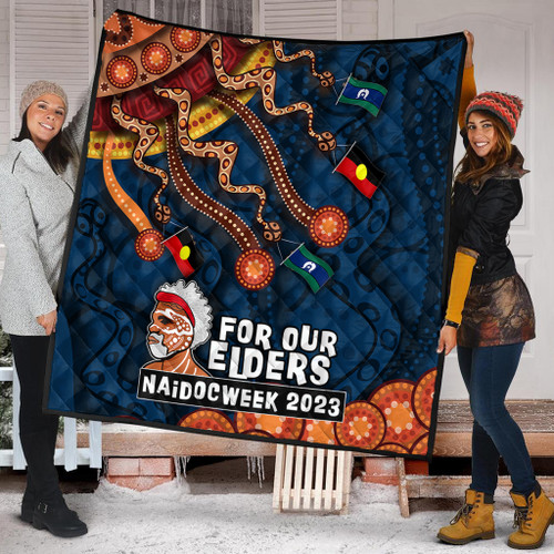 Australia Premium Quilt For Our Elders Naidoc Week Snake Aboriginal Painting With Flag (Blue)