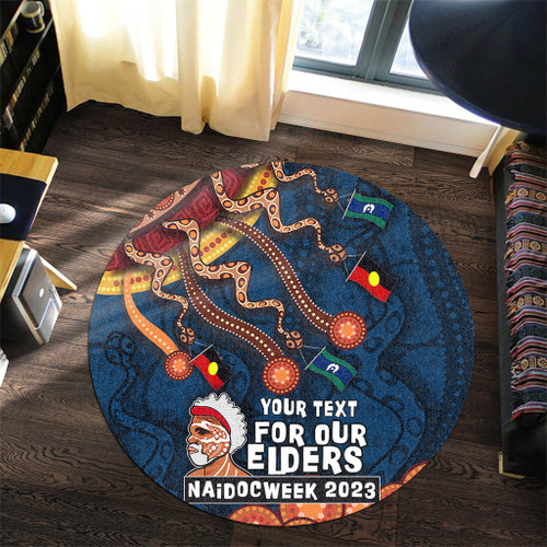 Australia Round Rug For Our Elders Naidoc Week Snake Aboriginal Painting With Flag (Blue)