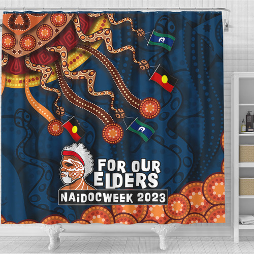 Australia Shower Curtain For Our Elders Naidoc Week Snake Aboriginal Painting With Flag (Blue)