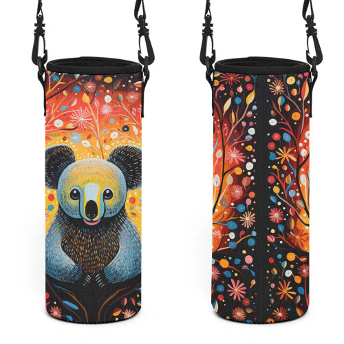 Australia Koala Custom Water Bottle Sleeve - Aboriginal Koala With Flowers Water Bottle Sleeve