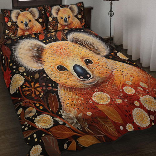 Australia Koala Custom Quilt Bed Set - Aboriginal Koala With Golden Wattle Flowers Quilt Bed Set