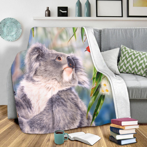Australia Koala Blanket - Koala with a Scarlet Honeyeater Blanket Australia Koala Blanket - Koala with a Scarlet Honeyeater Blanket