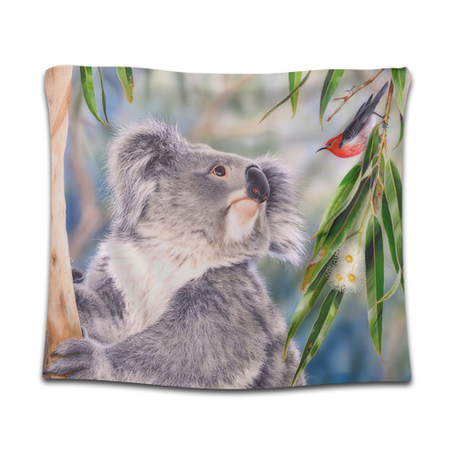 Australia Koala Tapestry - Koala with a Scarlet Honeyeater Tapestry Australia Koala Tapestry - Koala with a Scarlet Honeyeater Tapestry