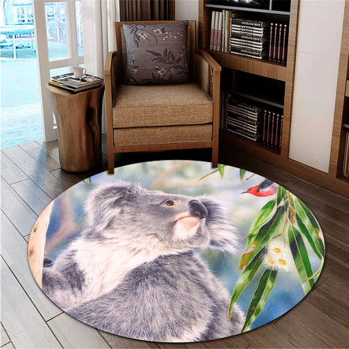 Australia Koala Round Rug - Koala with a Scarlet Honeyeater Round Rug Australia Koala Round Rug - Koala with a Scarlet Honeyeater Round Rug