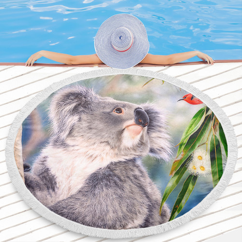 Australia Koala Beach Blanket - Koala with a Scarlet Honeyeater Beach Blanket