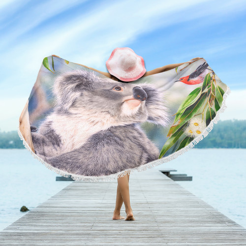 Australia Koala Beach Blanket - Koala with a Scarlet Honeyeater Beach Blanket Australia Koala Beach Blanket - Koala with a Scarlet Honeyeater Beach Blanket