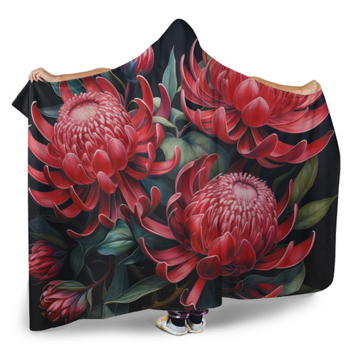 Australia Waratah Hooded Blanket - Red Waratah Flowers Fine Art Ver2 Hooded Blanket