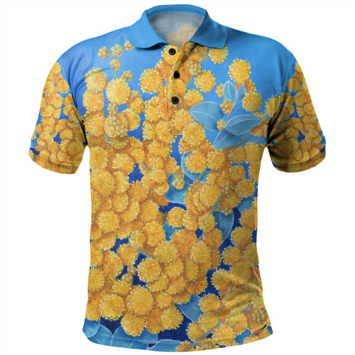 Australia Golden Wattle Polo Shirt - Golden Wattle Blue Background Oil Painting Art Polo Shirt
