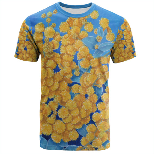 Australia Golden Wattle T-shirt - Golden Wattle Blue Background Oil Painting Art T-shirt