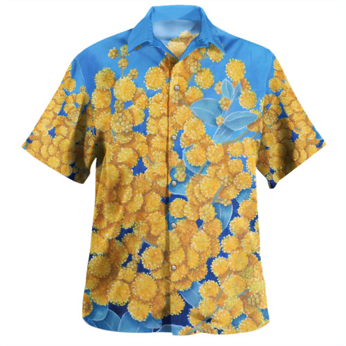 Australia Golden Wattle Hawaiian Shirt - Golden Wattle Blue Background Oil Painting Art Hawaiian Shirt