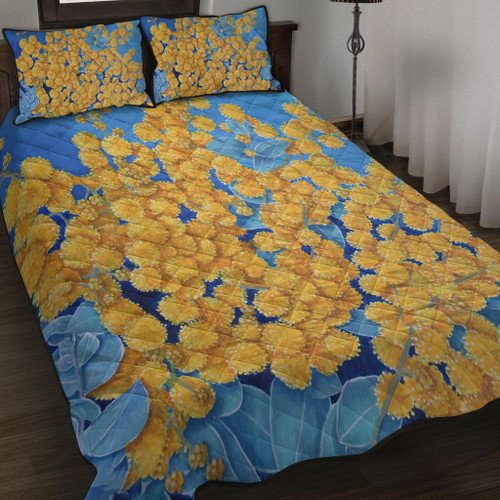 Australia Golden Wattle Quilt Bed Set - Golden Wattle Blue Background Oil Painting Art Quilt Bed Set
