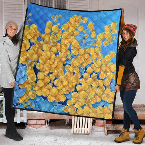Australia Golden Wattle Quilt - Golden Wattle Blue Background Oil Painting Art Quilt Australia Golden Wattle Quilt - Golden Wattle Blue Background Oil Painting Art Quilt