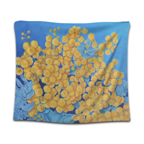 Australia Golden Wattle Tapestry - Golden Wattle Blue Background Oil Painting Art Tapestry
