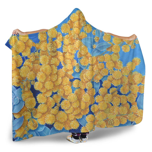 Australia Golden Wattle Hooded Blanket - Golden Wattle Blue Background Oil Painting Art Hooded Blanket