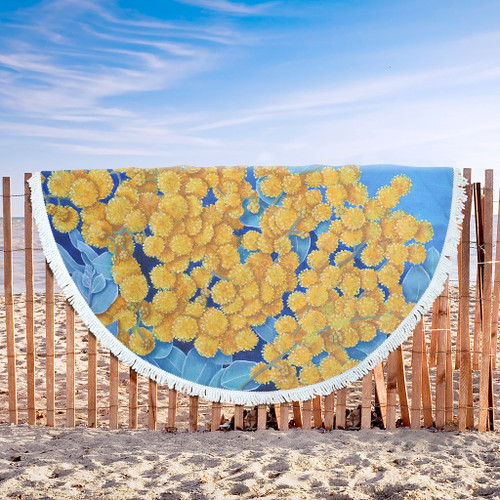 Australia Golden Wattle Beach Blanket - Golden Wattle Blue Background Oil Painting Art Beach Blanket Australia Golden Wattle Beach Blanket - Golden Wattle Blue Background Oil Painting Art Beach Blanket