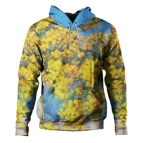 Australia Golden Wattle Hoodie - Golden Wattle Bouquet Blue Background Oil Painting Art  Hoodie