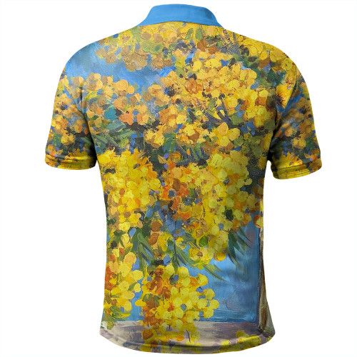 Australia Golden Wattle Polo Shirt - Golden Wattle Bouquet Blue Background Oil Painting Art  Polo Shirt Australia Golden Wattle Polo Shirt - Golden Wattle Bouquet Blue Background Oil Painting Art  Polo Shirt