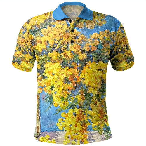 Australia Golden Wattle Polo Shirt - Golden Wattle Bouquet Blue Background Oil Painting Art  Polo Shirt