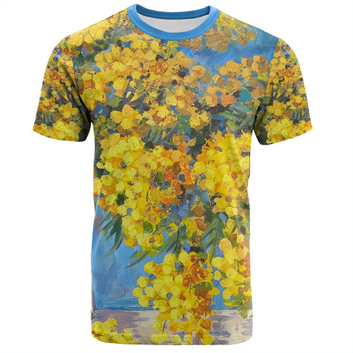 Australia Golden Wattle T-shirt - Golden Wattle Bouquet Blue Background Oil Painting Art  T-shirt