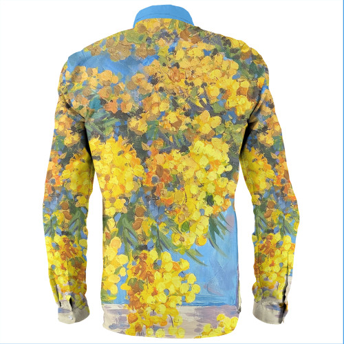 Australia Golden Wattle Long Sleeve Shirts - Golden Wattle Bouquet Blue Background Oil Painting Art  Long Sleeve Shirts Australia Golden Wattle Long Sleeve Shirts - Golden Wattle Bouquet Blue Background Oil Painting Art  Long Sleeve Shirts