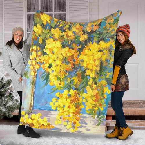 Australia Golden Wattle Blanket - Golden Wattle Bouquet Blue Background Oil Painting Art  Blanket Australia Golden Wattle Blanket - Golden Wattle Bouquet Blue Background Oil Painting Art  Blanket