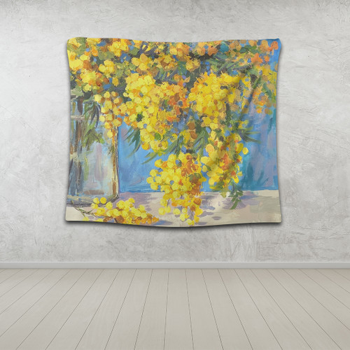 Australia Golden Wattle Tapestry - Golden Wattle Bouquet Blue Background Oil Painting Art  Tapestry Australia Golden Wattle Tapestry - Golden Wattle Bouquet Blue Background Oil Painting Art  Tapestry