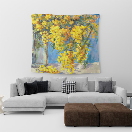 Australia Golden Wattle Tapestry - Golden Wattle Bouquet Blue Background Oil Painting Art  Tapestry